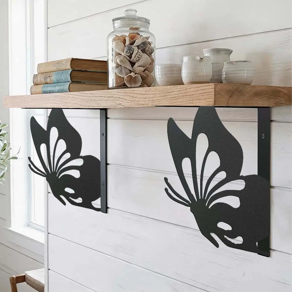 Butterfly Cutout Floating Shelf Brackets (Set of 2) — Sturdy, durable, and easy-to-install wall-mounted brackets blending Asian Zen aesthetics; suitable for storage and decorative display in kitchens, bathrooms, bedrooms, and balconies.