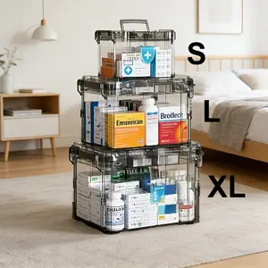 3pcs Gray Transparent Double-layer Medicine Organizer with Handle, Plastic Medicine Container with Tray First Aid Storage Box, Multi-purpose Thick Medicine Storage Organizer, Suitable for Pills, Capsules and Liquids, Medicine Organizer S/L/XL