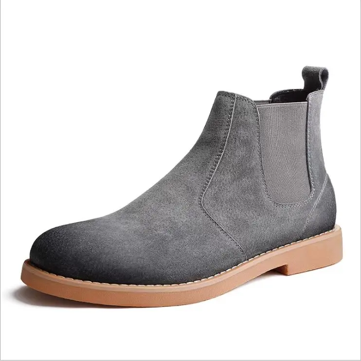 Men's Gray Chelsea Boots with Elastic Side Panels and Tan Sole Comfortable and Stylish Footwear