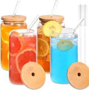 [ 4pcs Set ] Glass Cups with Bamboo Lids and Glass Straws, 16oz Drinking Glasses Can Shaped Glass Cups, Beer Glasses, Iced Coffee Cups, Ideal for Gift, Wine, Cocktail- 2 Cleaning Brushes , Gifts for Women Men
