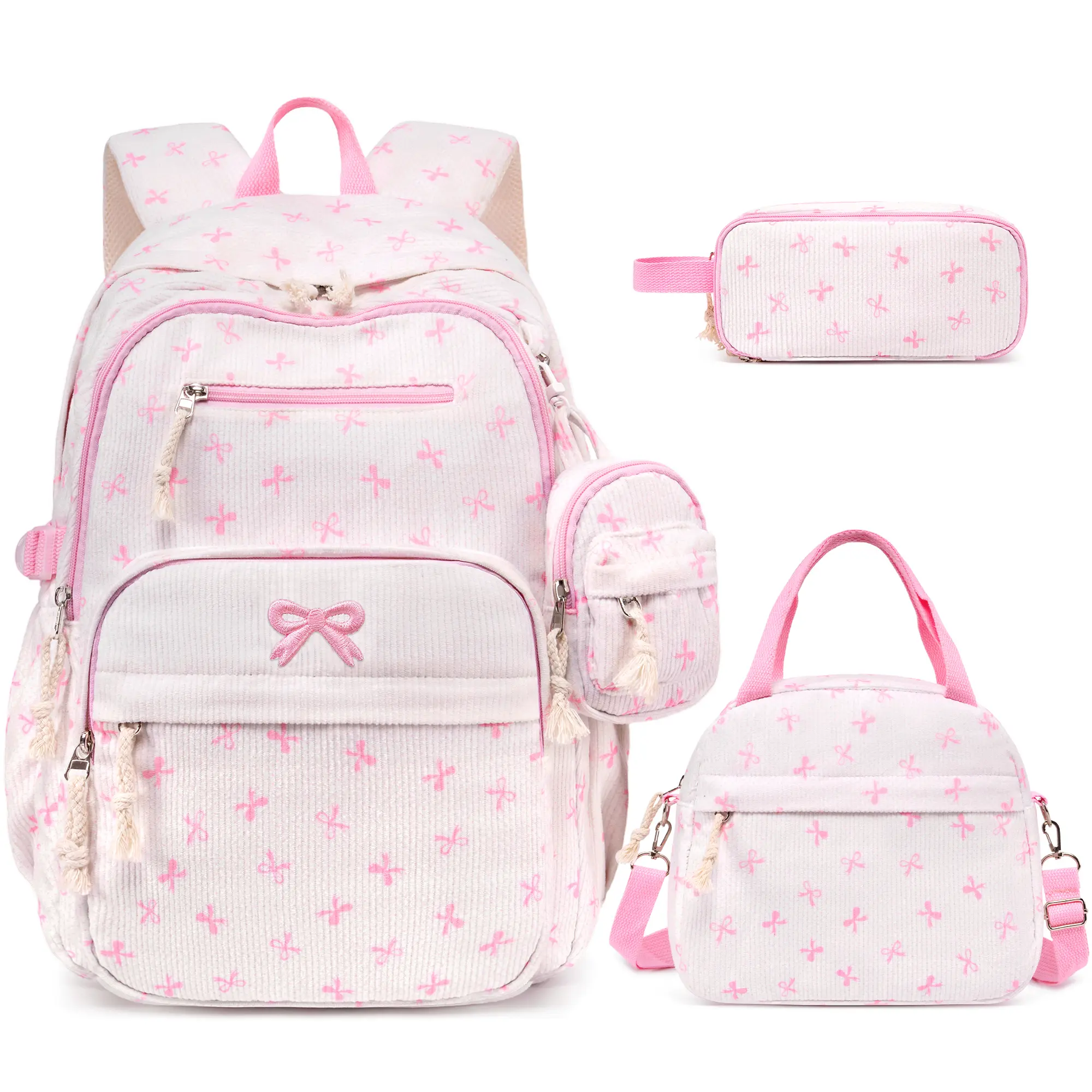 Similove 3PCS Bow Corduroy Backpack Bundle Set with Lunch Box & Pencil Pouch, School bag for Elementary Middle School,Back to School Gift,Birthday's Gift