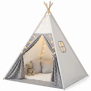 Apojungle Grey Star Print Teepee Tent for Kids - 56” Tall Indoor Outdoor Play Tent with Windows & Pocket, Breathable Poly-Cotton, Sturdy Pine Wood Frame, Cozy Reading Nook for Toddlers(Lights without star decorations)