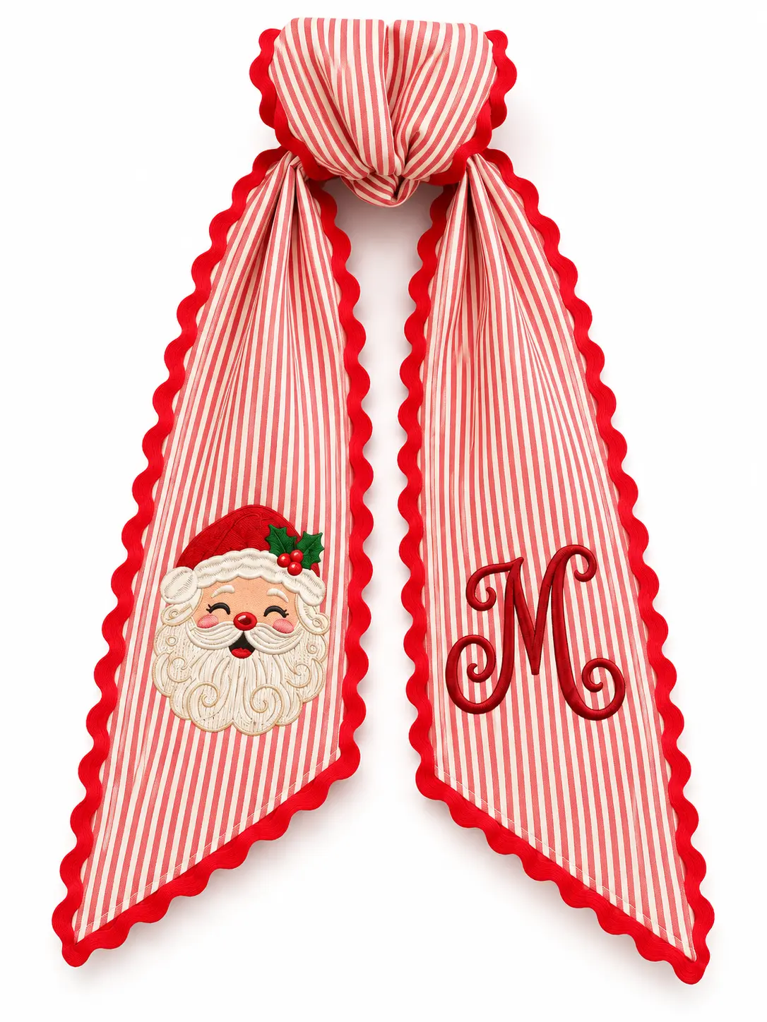 Personalized Christmas Wreath Sash, Custom Text Embroidered Santa Monogram Bow, Red White Striped Holiday Front Door Decoration, Christmas Home Decor Gift  Copy Title