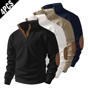 4 Pack Men Diamond Quilted Stand Collar Pullover Sweatshirts, Quarter Button Faux Suede Elbow Patches Casual Long Sleeve Tops Multipack hoodies zip gangster clothes