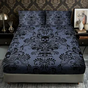 Gothic Skull Print Bed Sheet Set, Dark Style Bedding Three-Piece (1 Fitted + 2 Pillowcases), Multi-Color Trendy Sheets for Bedroom Decor