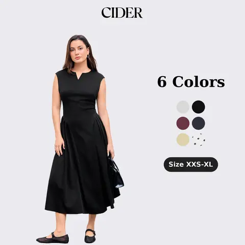 Cider Women's Elegant Formal Solid V-Neck Sleeveless Pleated Fitted Long Dress - Lady's Workwear Woven Dress for Office, Evening Events