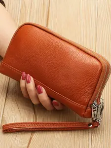 Women's Leather Clutch Purse with Wrist Strap and Card Holder, Wristlet Pouch, Dual Zipper Phone Wallet, Elegant Coin Purse for Parties, Weddings, Daily Use