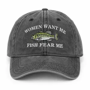 Unisex Mineral Washed Cotton Baseball Cap, Embroidered Phrase Hat with "Women Want Me Fish Fear Me" Warning Graphic, Sun Shield Hat, Multi Size Fashion Accessory, Embroidered Phrase Hats, Sun Shield Hats