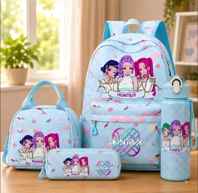 KPop Demon Hunters 4Pcs Backpack Set - HUNTR/X Graphic School Bookbag, Insulated Lunch Bag, Pencil Case & Water Bottle - Sky Blue Aesthetic Set for Teens & Students