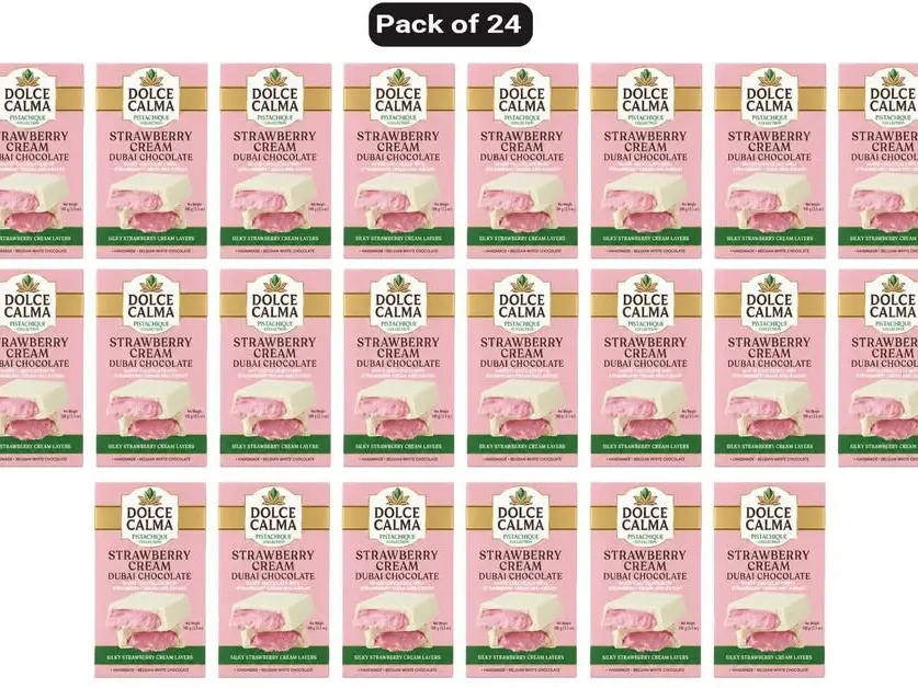 Dolce Calma Dubai Chocolate Bar Strawberry (100g / 3.5oz) – Viral Authentic Handmade Belgian Chocolate with Turkish Pistachio & Crispy Kataifi, Premium Quality Candy, Cream Kunafa Filling, No Palm Oil - Pack of 24