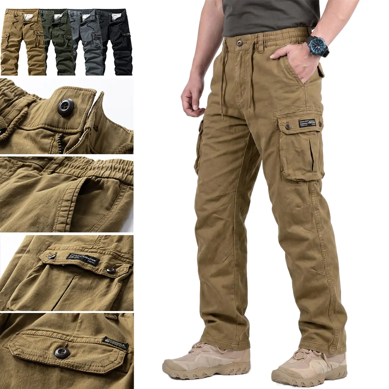 Men's Plain Tactical Cargo Work Pants - 100% Heavy Cotton Fabric, Multiple Pockets, Durable, Tear-Resistant, Workwear, Machine Washable Men's Workwear Casual Long Pants, Machine Washable Men's Pants