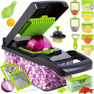 16-In-1 Multifunctional Vegetable Chopper Vegetable Cutter - Kitchen Slicer Dicer Manual Slicing and Dicing Dual-Use Kitchen Chopper with Storage Box, Slicer for Onion, Carrot, Garlic, Non-Rechargeable Plastic Kitchen Tool Set with Drain Basket