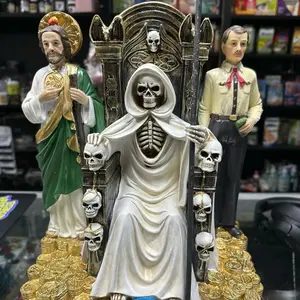 La Santa Muerte Trio with Malverde and San Judas Tadeo Detailed Skeleton Throne Figurine for Religious Decor Money Prosperity Protection Business Success Road Opening