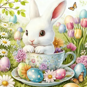 1PCS Easter Bunny Diamond Painting Kit White Rabbit in Teacup with Colorful Eggs Flowers Butterfly DIY C