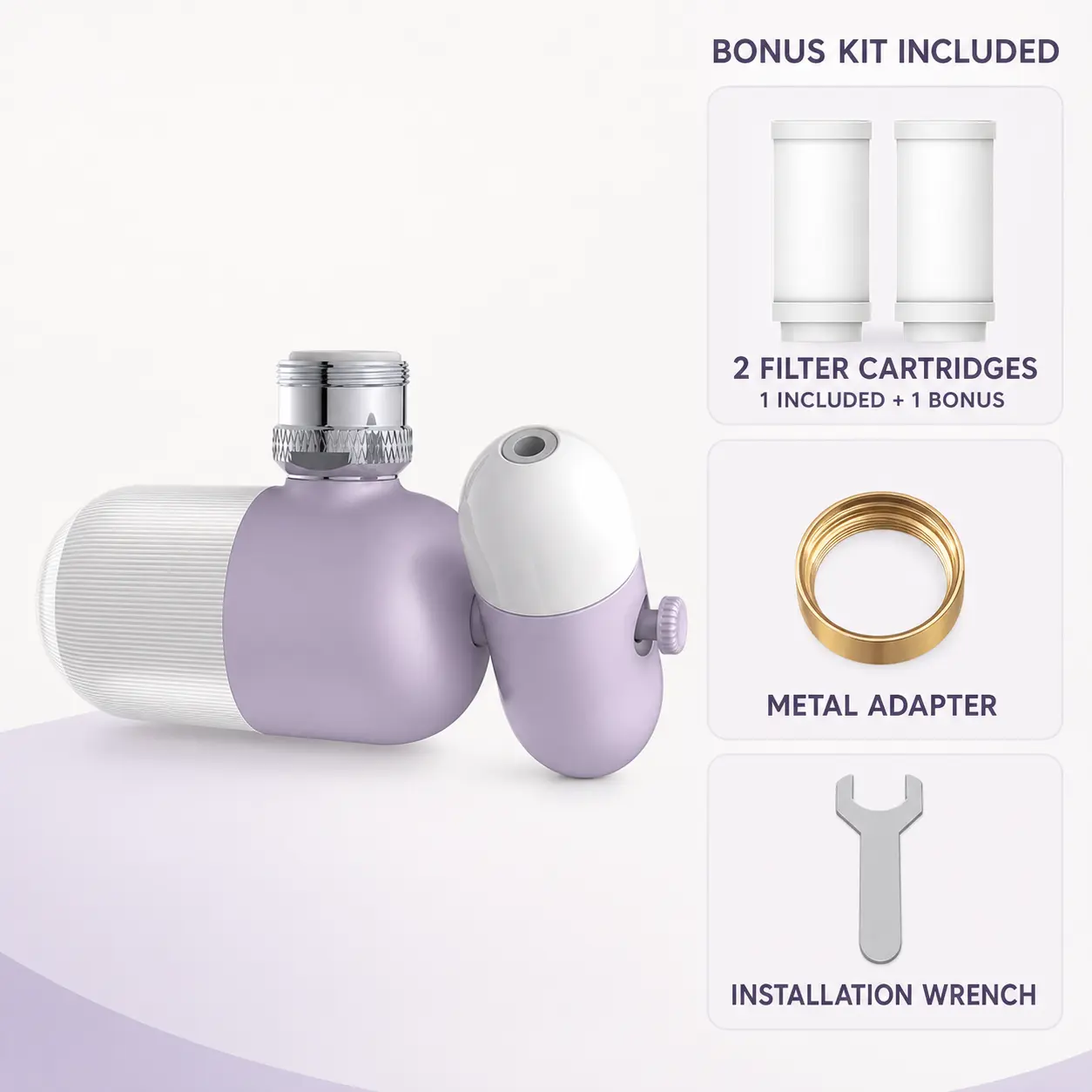 4-Mode 720° Swivel Faucet Water Filter Aerator, Rotating Sink Sprayer Attachment with 2 Filter Cartridges for Kitchen & Bathroom Sinks, Purple