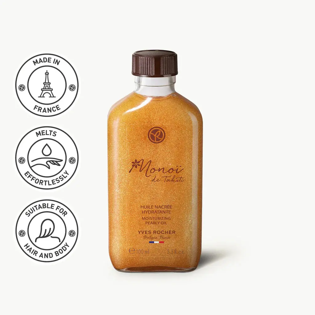 Yves Rocher Pearly Monoï Beauty Oil - Silky Shimmering Body & Hair Treatment with Golden Pearls for Radiant, Moisturized Skin & Hair, Flower Monoi Tahiti Oil Natural Hair Oil massage oil care
