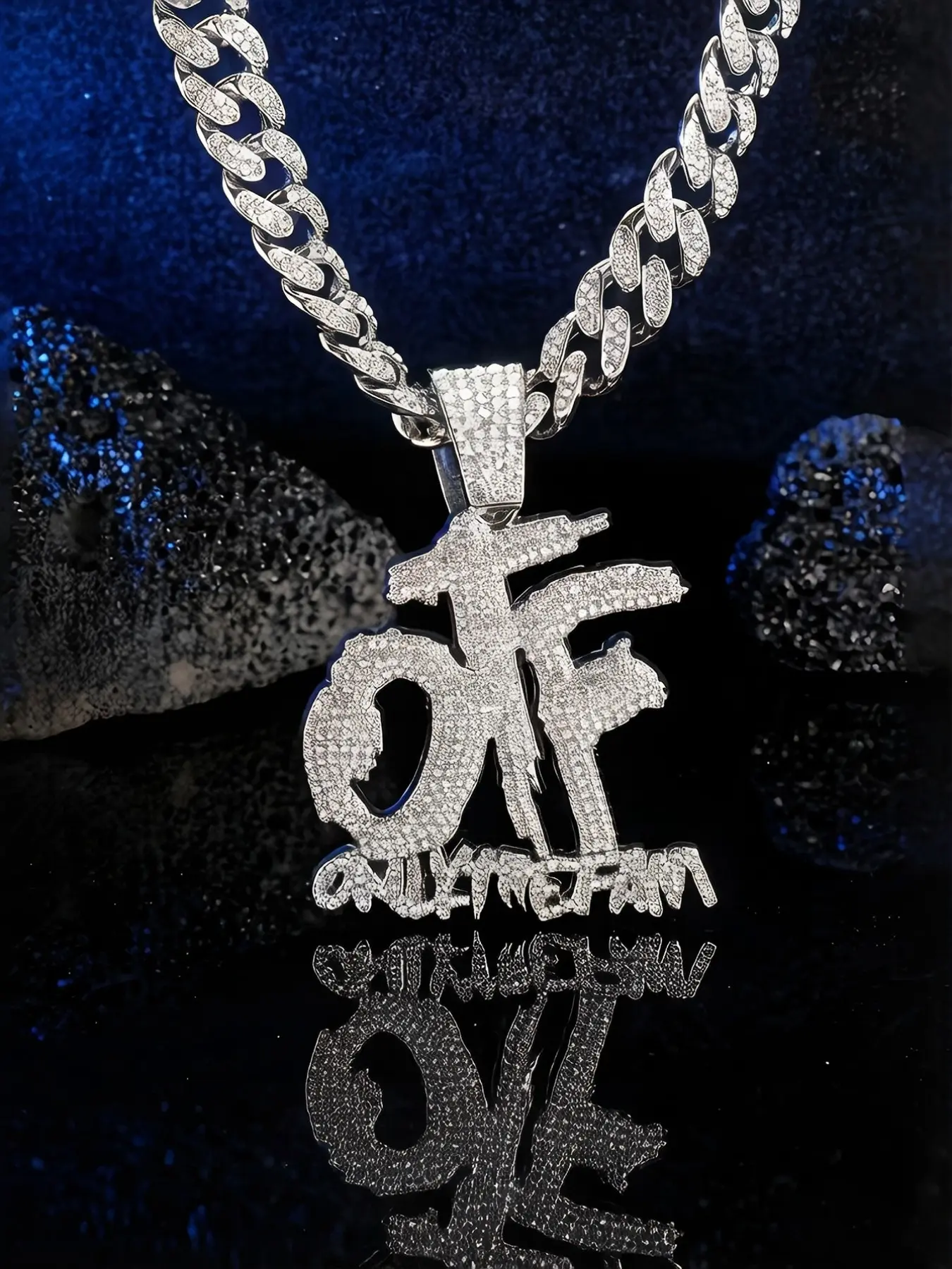 Men's Hip Hop Necklace, Full Diamond Otf Letter Pendant, Cuban Chain Jewelry, Trendy Streetwear Accessory, Fashionable Men's Necklace, Cuban Link Chain, Alphabet Necklace, Bling Chain, Cuban Style Necklace, Cuban Link Design