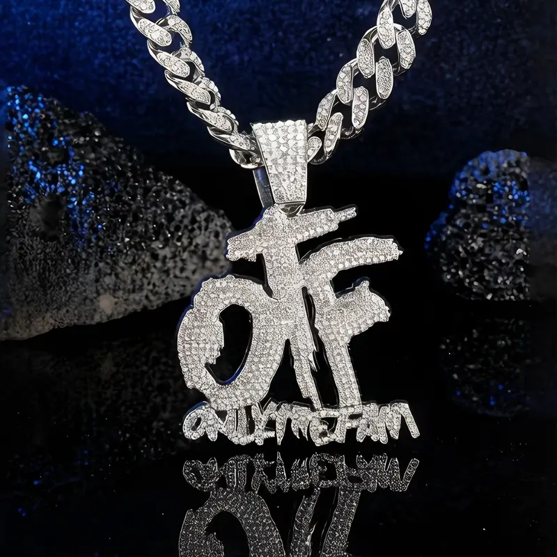 Men's Hip Hop Necklace, Full Diamond Otf Letter Pendant, Cuban Chain Jewelry, Trendy Streetwear Accessory, Fashionable Men's Necklace, Cuban Link Chain, Alphabet Necklace, Bling Chain, Cuban Style Necklace, Cuban Link Design, Cuban Necklaces