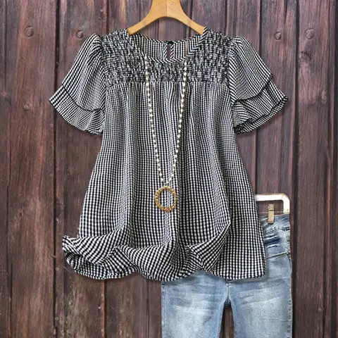 Cherrybetty Casual Checkered Tiered Short Sleeve Top Black/Blue/Red dopamine Womenswear Elegant cute tops going tops women's summer outfits cute summer outfit Plaid Blouse Breathable Ruffled plus size tops vintage boho going tops Light flowy Shirts Outdoo