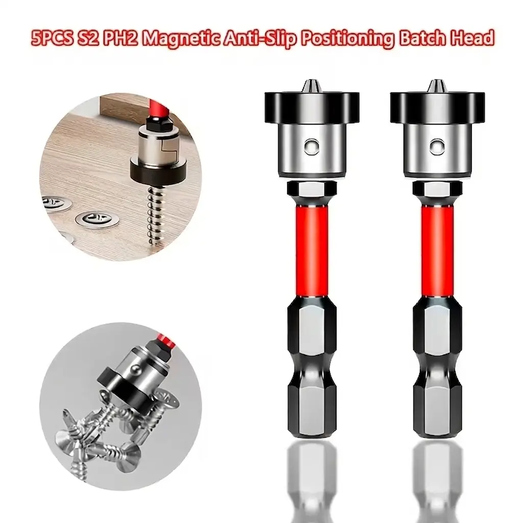 5pcs S2 Alloy Steel Magnetic Positioning Screwdriver Bit Set - 1/4" Hex Shank, PH2 Size, Round Head, High Hardness, Impact Resistance, Depth Stop, No Assembly Required, Universal Fit for Power Drills, Hardwood Install, DIY Users, All Seasons