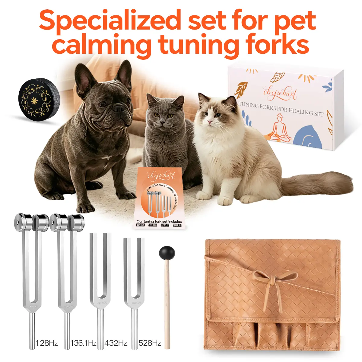 Pet Resonance Tone Sticks Play Set - 128Hz, 136.1Hz, 432Hz, 528Hz Frequencies, Vegan Leather Storage Pouch & Striker, Interactive Toy for Dogs (Fits Every Breed and Age) - Mood Soothing Fun, No Serviceable Issues, Gentle Daily Play Accessory