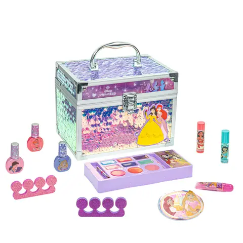 Disney Princess Turquoise Acrylic Neon Blue Train Case Girls Pretend Play Beauty Set by Townley Girl - Washable Toy Makeup, 2 Cheek Shimmers, 1 Nail File, 1 Rose Glitter Strawberry Flavor Lip Gloss, Silver/Violet Accents, Birthday Party Favor for Ages 3+