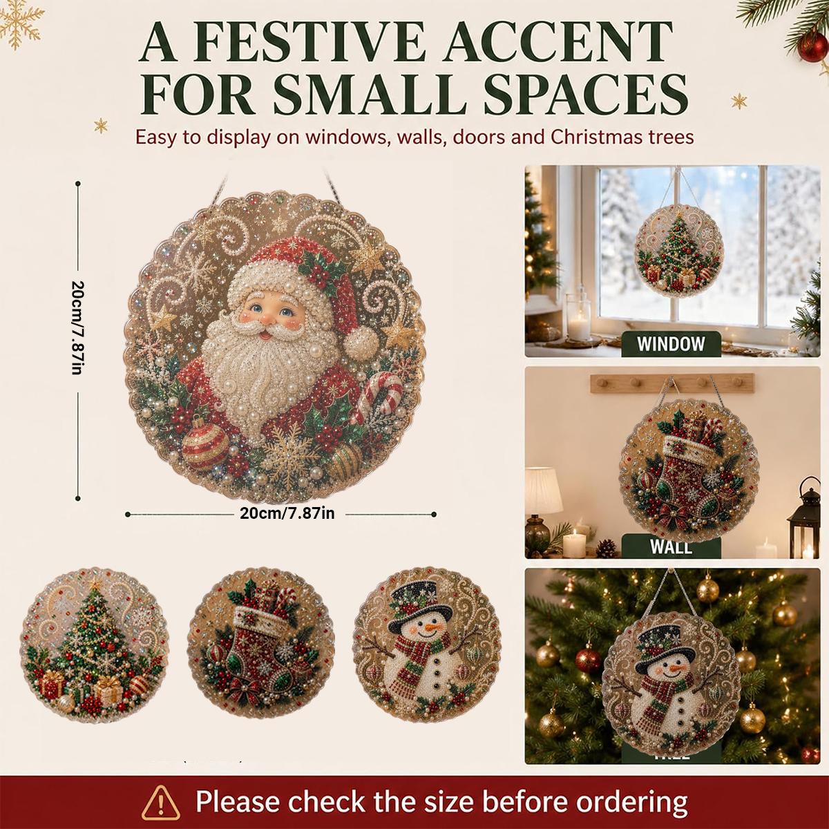 【4 packs】Christmas Pearl Diamond Painting Suncatcher Kit, DIY Craft | Pre-Assembled Metal Chain, Acrylic Round Board with Lace Edge, 3D Mixed-Sized Pearl Beads Craft, Festive Window Wall Decor,Beads DIY Handmade Holiday Hanging Decor,Christmas gifts, birt