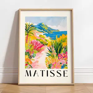 Beachy dopamine decor, Mediterranean town art print in Henri Matisse style, Tropical paradise poster | Unframed H