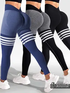Sporty Women's Colorblock Striped Print High Waist Sports Leggings, Sport High Stretch Seamless Tummy Control Yoga Leggings, Ladies Sportswear for Indoor Outdoor Wear