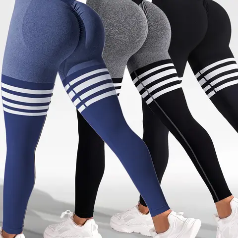Sporty Women's Colorblock Striped Print High Waist Sports Leggings, Sport High Stretch Seamless Tummy Control Yoga Leggings, Ladies Sportswear for Indoor Outdoor Wear