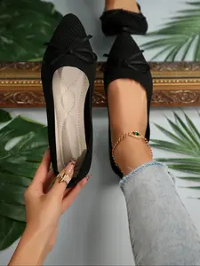 Women's Solid Color Bowknot Design Flat Shoes, Slip On Flats, Casual Comfortable Breathable Shoes for Daily Wear, Lightweight Soft Sole Shoes for Women & Girls, Running