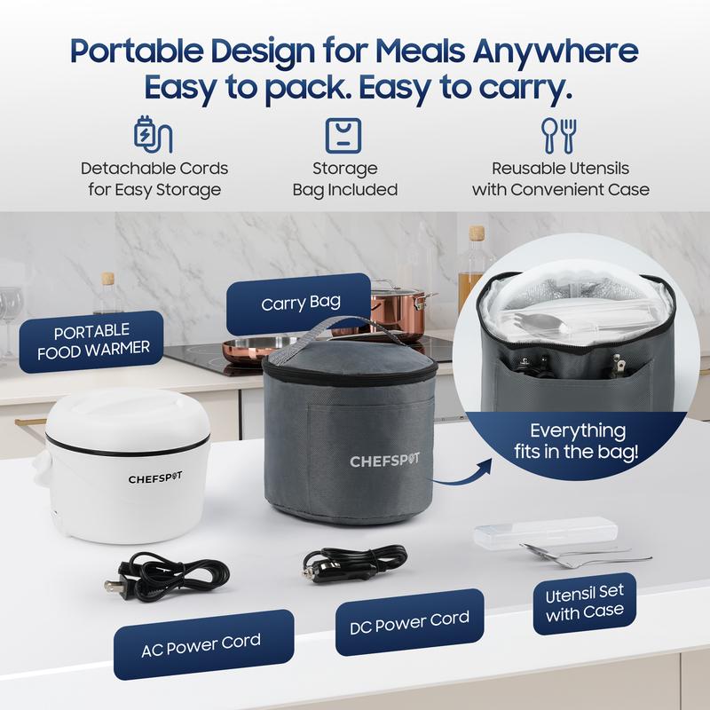 CHEFSPOT 37oz Electric Lunch Box Portable Food Warmer for Car & Home 12V/110V Heated Lunch Box with Stainless Steel Container Leak-Proof BPA-Free Includes Bag & Utensils