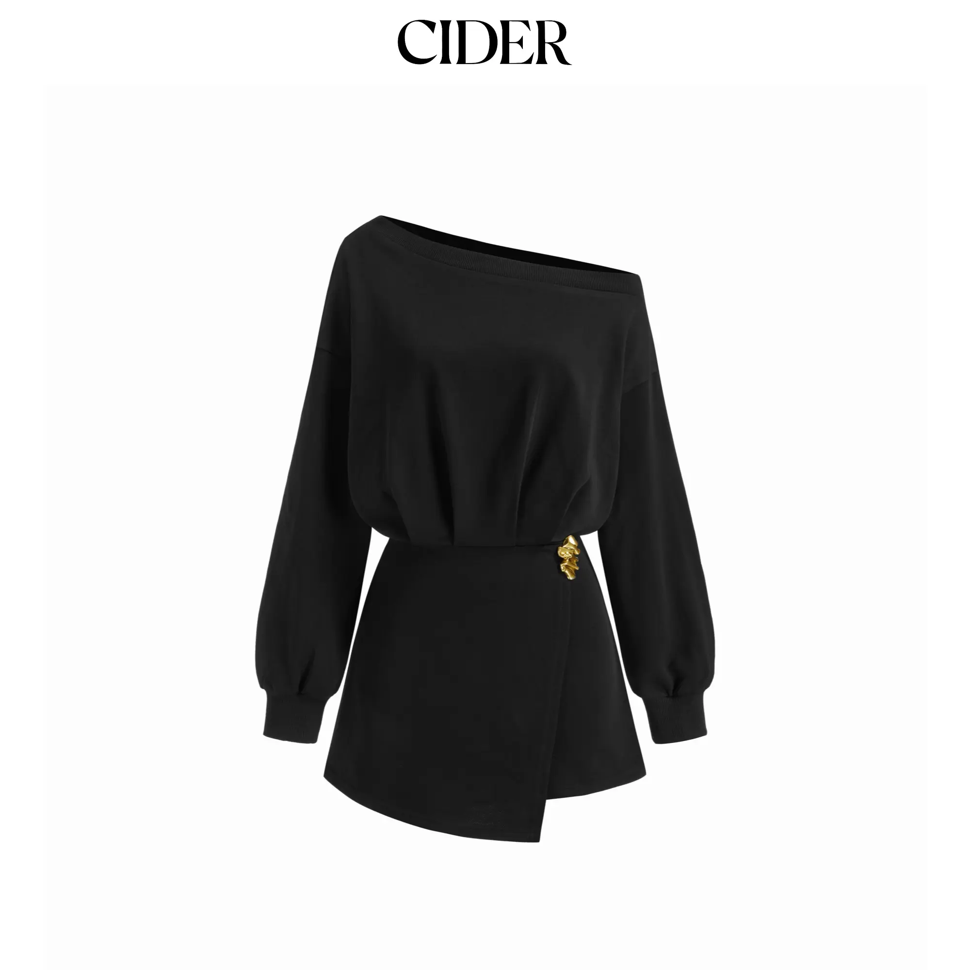 Cider Asymmetrical Neck Metal Detail Sweatshirt Mini Dress