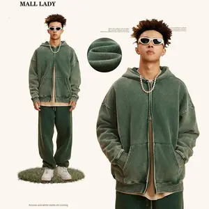 Mall Lady Men's Oversized   Women's Acid Wash  Heavyweight Cotton Washed Full  Vintage Sweatshirt Zip hoodies