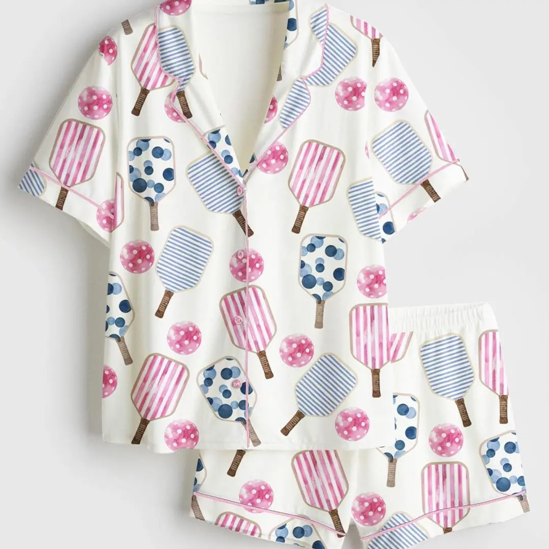 Women’s Preppy Pickle Paddle Pickleball Sleeve Satin Pajama Set