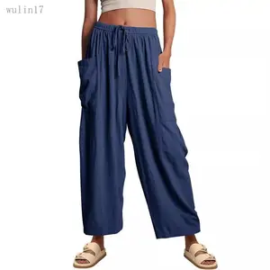 2026Elastic waist pleated high waist wide leg pants loose casual cotton and linen trousers