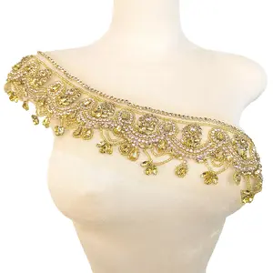 Handmade Off-Shoulder Collar Lace Applique Elegant Rhinestone Neckline Trim Beaded Crystal Applique for Dresses Lavender