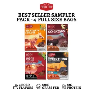 FIELD TRIP BEEF JERKY - Best Seller Sampler 4 Pack - Grass Fed Beef - 10g Protein - 4 Flavors - Mandarin Orange - Gochujang - Carne Asada - Everything Seasoning