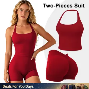 GYMER Two Pieces suit Impact Halter Top & V-Back Scrunch Shorts  High Support Butt Lifting Gym Yoga Activewear Set