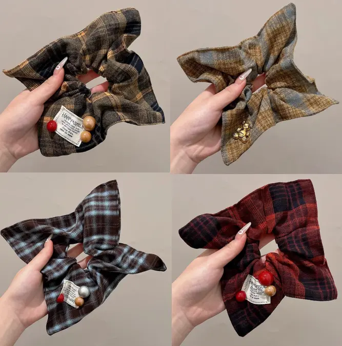 VVZ 2026 Women's Trendy Plaid Bow Scrunchies 4 Pack, Fashion Minimal Basic Vintage Bead Bear Label Hair Ties Daily Hair Accessory Set