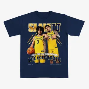 Michigan SLAM U The Cold Truth T-Shirt – Blue Graphic Tee Featuring Elliot Cadeau & Yaxel Lendeborg Basketball Design