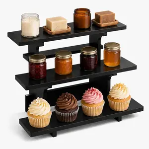 Portable 3 Tier Display Stand for Vendors, Collapsible Retail Tabletop Riser for Craft Shows and Farmers Market, Black Polished PVC Shelves for Collectibles and Cupcakes (Straight, Black)