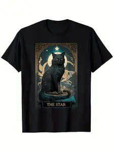 Graphic T-Shirt Featuring a Mystical Design for Cat Enthusiasts, Available in Unisex Black.It Showcases 'The Hierophant' with a Starry Night Geometric Pattern, Offering a Breathable And Casual Fit for Men And Women.Perfect Gift for Mother'S Day