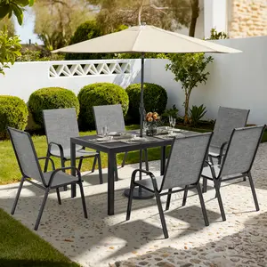 【SHIPS IN 2 BOXES】Outdoor Dining Sets for 6, Rectangular Steel Slat Table with 6 Textilene Chairs, 7 Piece Patio Table and Chairs Set with Umbrella Hole for Patio, Garden, Backyard and Poolside (Grey),summervibes