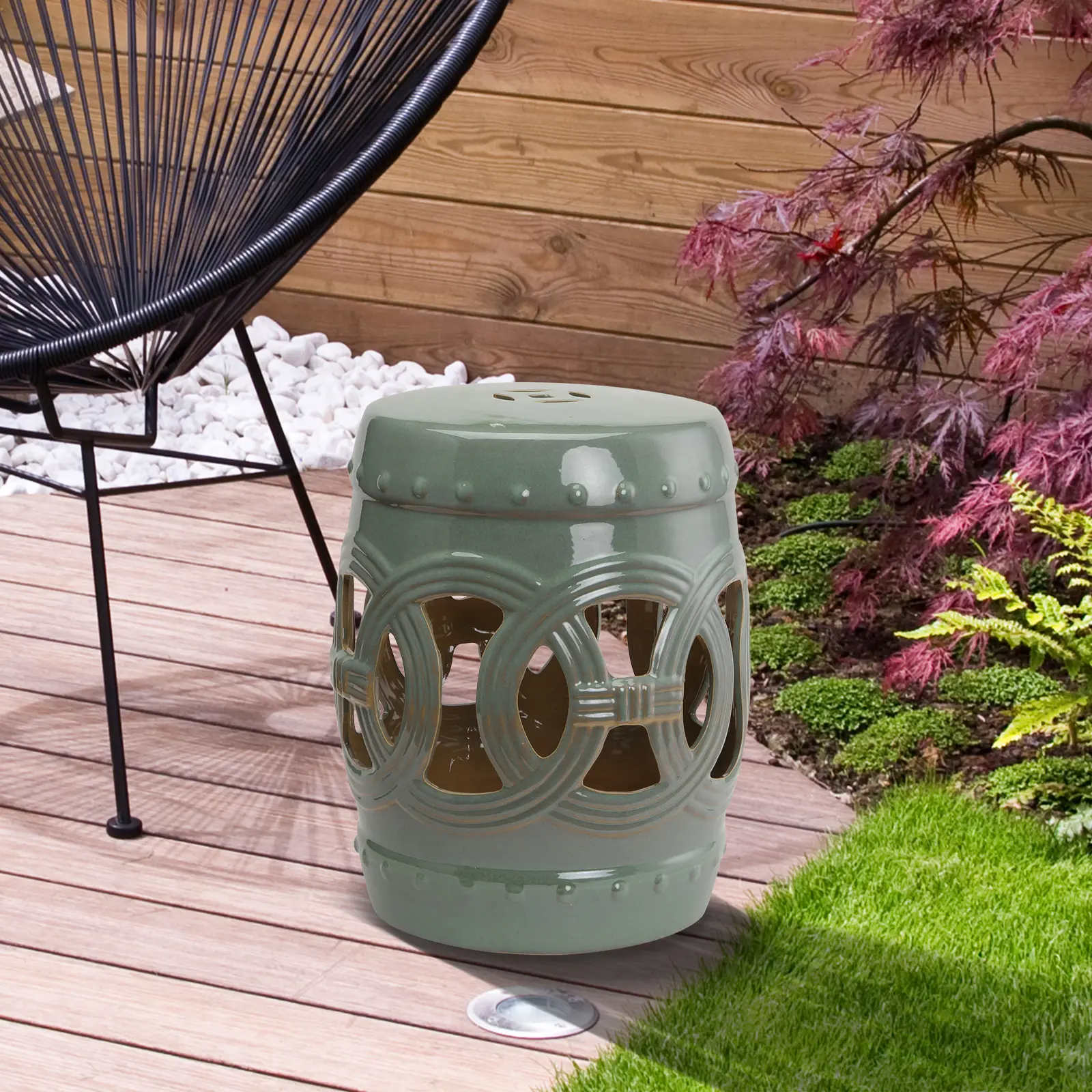 14" x 17" Glazed Green Ceramic Garden Stool - Double-Coin Knotted Ring Design, Decorative Outdoor Furniture Stool