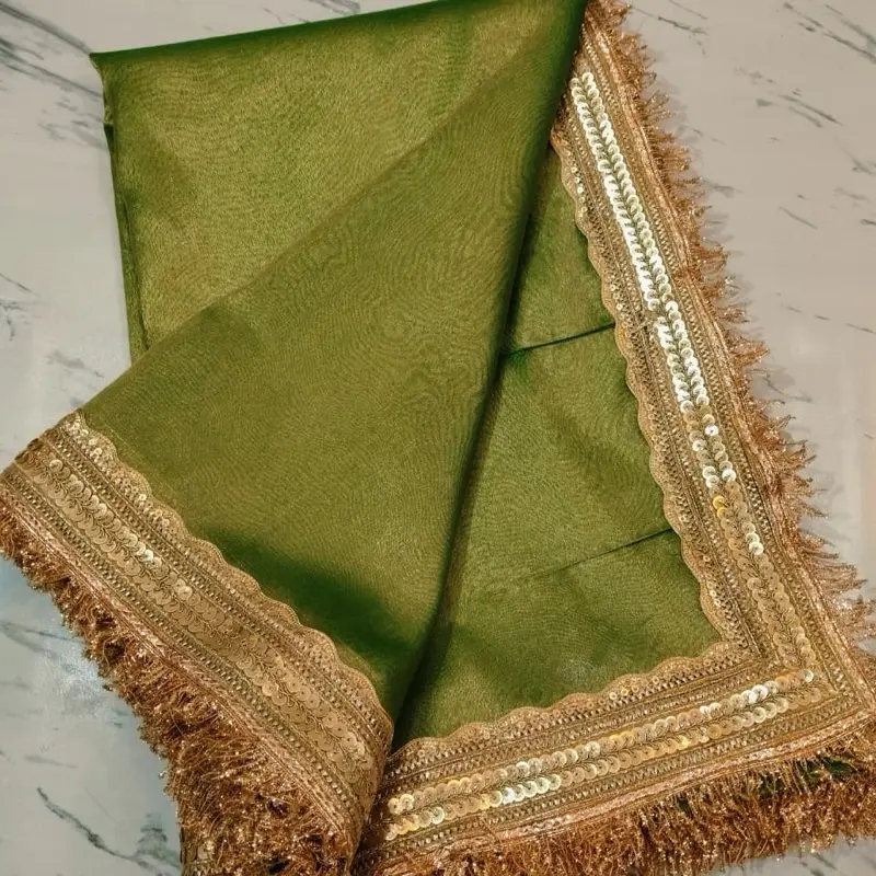 Banarsi green  Women's Tissue Saree with Ready to Wear Blouse Indian Wedding Saree Fall Pico Design Gold Color Dress for Women