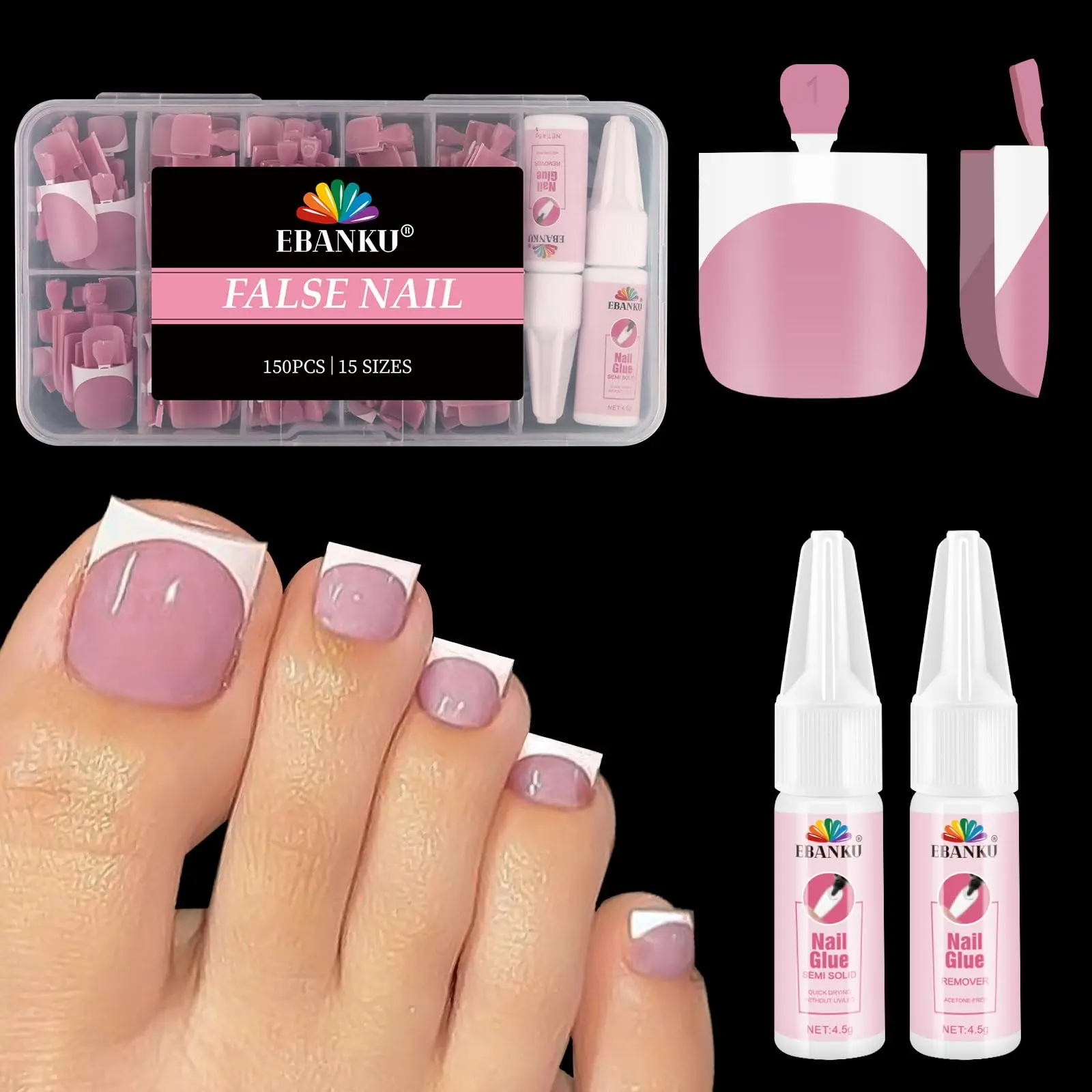French Tip Press on Toenails Set EBANKU 150PCS Berry Pink Sharp Square | Toenail Press ons with Nail Glue& Nail Remover, Pre-Applied Primer & Base Coat Acrylic False Toe Nails Extension, 15 Sizes