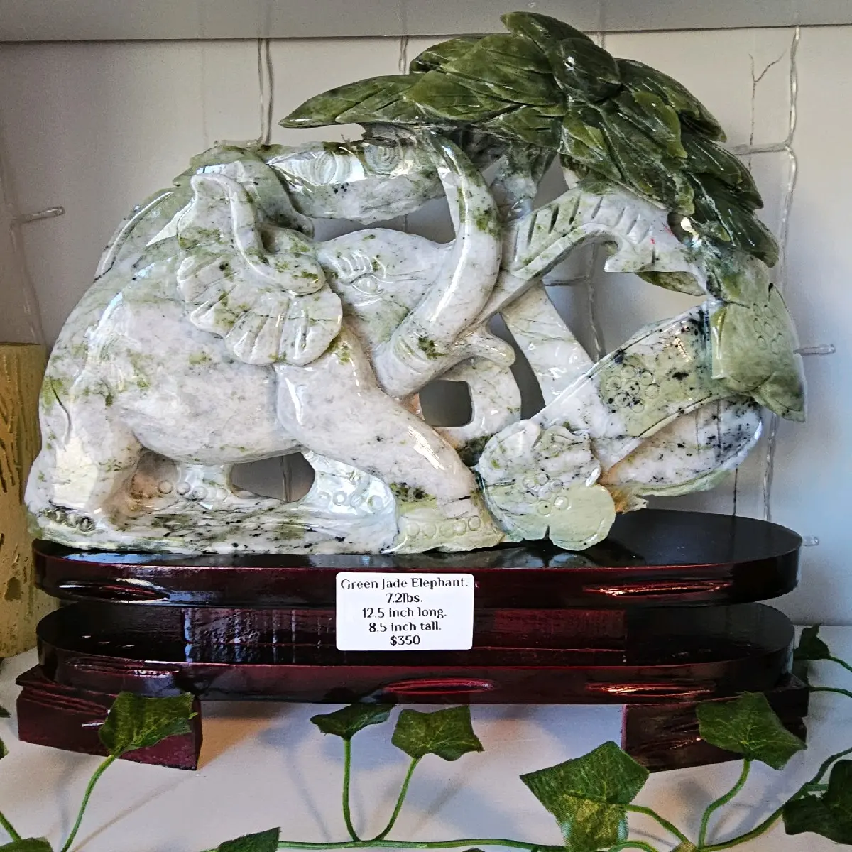 Green Jade Elephant Carving - Handcrafted Statue for Home Decor and Gift