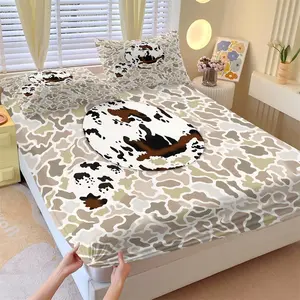 Neutral Cow Print Camo Fitted Sheet Set, 1 Fitted Sheet + 2 Pillowcases, Earth Tone Camouflage Cowhide Pattern Bedding, Soft, Comfortable & Breathable Microfiber, All Season Use, Deep Pocket, Non-Slip, Wrinkle & Fade Resistant