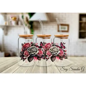 Pink & Gray Roses - UVDTF Wrap for cups/hard surfaces Vinyl Decal Sticker Diy Decal Film